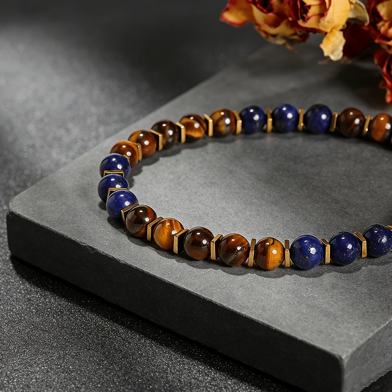 Natural Tiger's Eye & Lapis Lazuli Beaded Bracelet, Unisex Adjustable